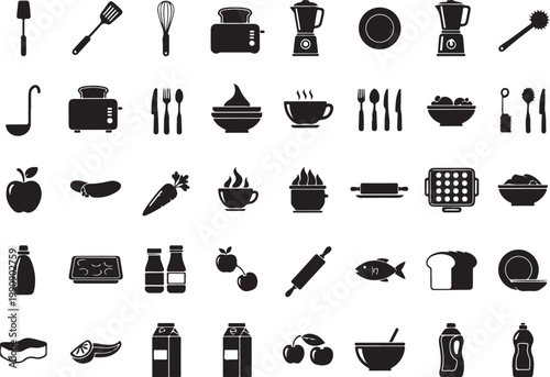 Black kitchen utensil and food on white background utensils