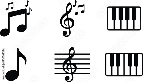 Minimalist music icon set featuring black musical notes treble clef staff and piano keyboard keys isolated on white background for creative design graphic projects and web applications.