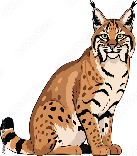 Bobcat sitting and looking forward with spotted fur tufted ears short tail animal portrait wild animal wildlife art illustration nature illustration drawing