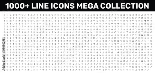 1000+ mega set of icons with robot assistant, bacteria, two cherries signs in flat outline style. 100+ category