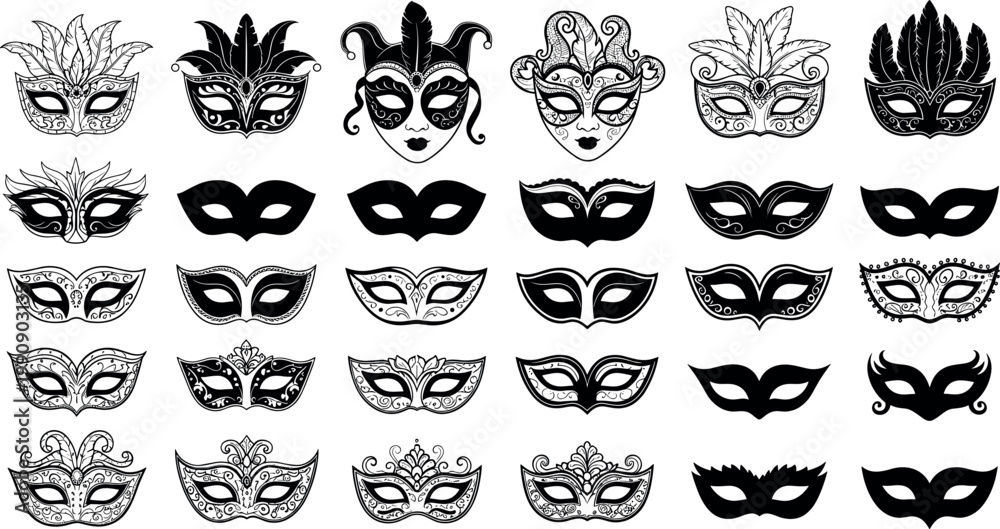 Εκτύπωση καμβά Venetian carnival masks vector set with decorative masquerade face masks ornate