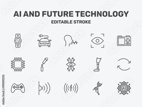 ai and future technology icon set with voice recognition, eye tracking, nano sensor signs in flat outline style