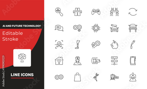 ai and future technology icon set with microbots, speech, genetic modification signs in flat outline style