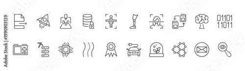 ai and future technology icon set with rocket, prosthesis, graphene signs in flat outline style