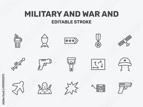 military and war and icon set with shoulder strap, condecoration, military satellites signs in flat outline style