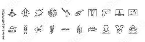 military and war and icon set with plane, rifle, officer signs in flat outline style