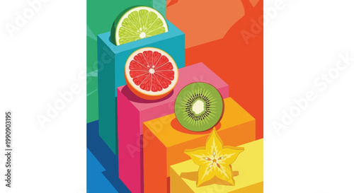 Colorful citrus and exotic fruits slices on abstract geometric blocks background