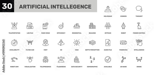 artificial intellegence icon set with thought, page views, data security signs in flat outline style