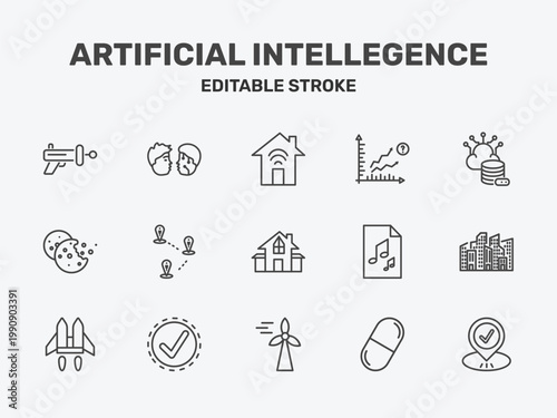 artificial intellegence icon set with smart house, prediction, storage signs in flat outline style