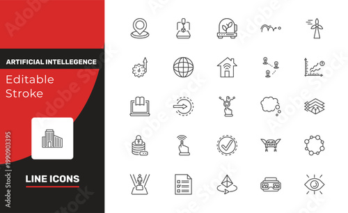 artificial intellegence icon set with geolocation, efficiency, 3d signs in flat outline style