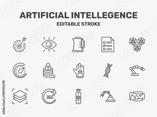 artificial intellegence icon set with kettle, survey, hexagons signs in flat outline style