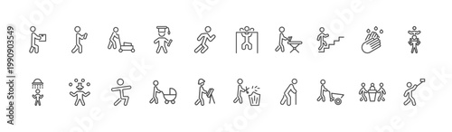 behavior and action icon set with man with mobile phone, man lifting bar, man wirth carry signs in flat outline style