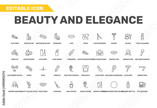 beauty and elegance icon set with foam, make up, women makeup signs in flat outline style