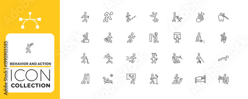 behavior and action icon set with stick man jumping, going to work, man driving signs in flat outline style