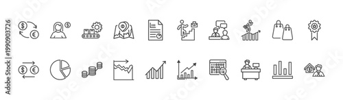 business and finance icon set with woman with money, professional advance, supermarket cashier signs in flat outline style