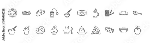 restaurant icon set with nachos plate, long sandwich, pita bread signs in flat outline style
