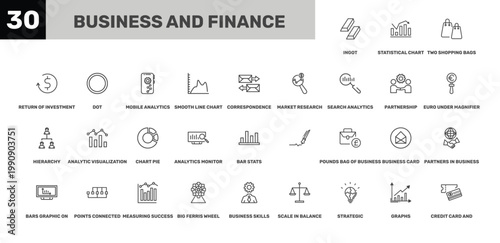 business and finance icon set with two shopping bags, mobile analytics, business skills signs in flat outline style