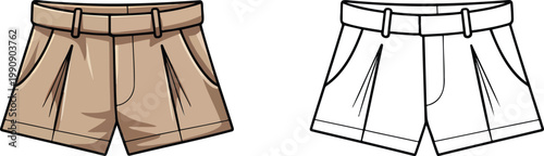 Casual beige shorts illustration & outline set isolated on transparent background