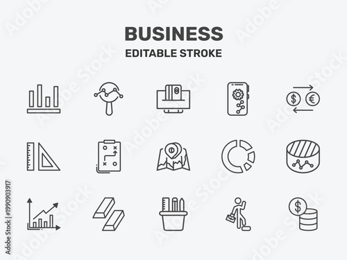 business icon set with online payment, mobile analytics, currency exchange signs in flat outline style