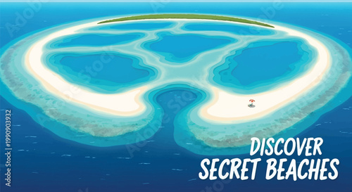 Aerial view of tropical atoll with white sand beaches and turquoise lagoons in blue ocean