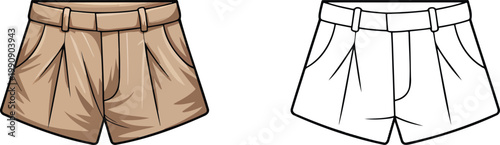Casual beige shorts illustration & outline set isolated on transparent background