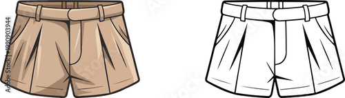 Casual beige shorts illustration & outline set isolated on transparent background