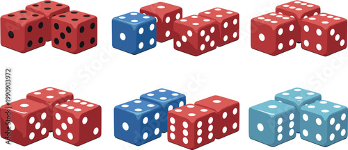 Realistic dice vector set with multiple casino cubes showing different arrangements isolated colorful gaming elements collection for board games