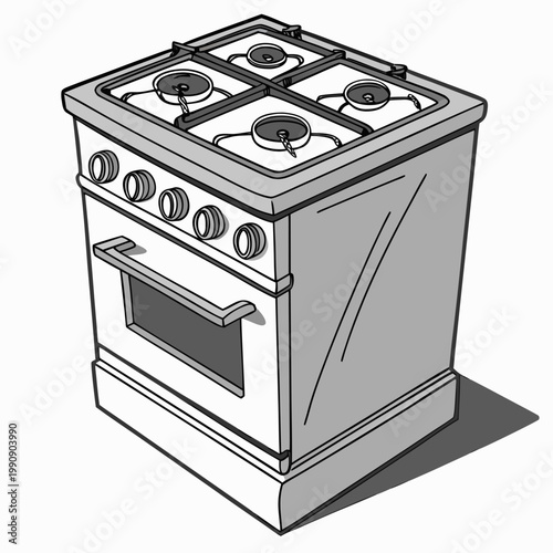 A detailed line drawing showcases a freestanding gas range stove with four burners oven and control knobs rendered in grayscale high quality