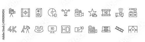 cinema and theater icon set with film counter, hd video, laptop with film strip signs in flat outline style