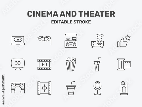 cinema and theater icon set with cinema snack bar, image projector, thumb up with star signs in flat outline style