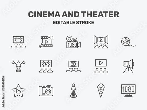 cinema and theater icon set with 1080p full hd, movie theatre, movie roll signs in flat outline style