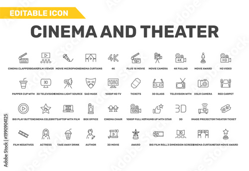 cinema and theater icon set with plus 18 movie, papper cup with straw, film negatives signs in flat outline style