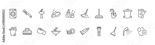 cleaning icon set with comb cleanin, broom cleanin, plunger cleanin signs in flat outline style