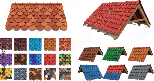 Colorful roof shingles vector set featuring fish scale tiles patterns and isometric roofing structures in various vibrant materials collection