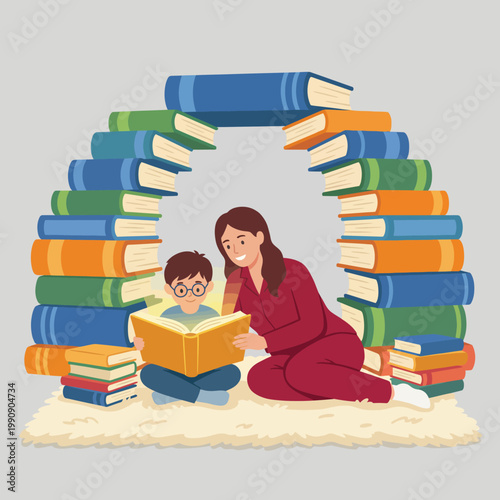 This heartwarming illustration depicts a mother and child reading together, highlighting the joys of storytelling and shared moments that foster learning, love, and connection.