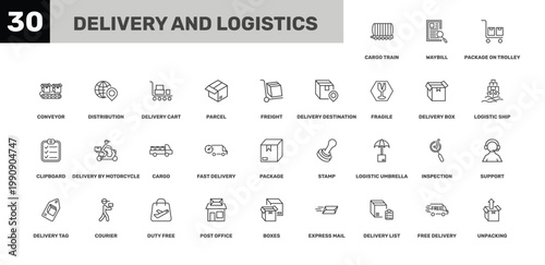 delivery and logistics icon set with package on trolley, delivery cart, boxes signs in flat outline style