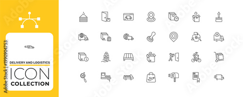 delivery and logistics icon set with tracking, delivery list, delivery door signs in flat outline style