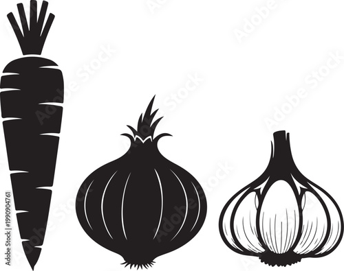 Black silhouette carrot onion garlic vegetable root vegetable