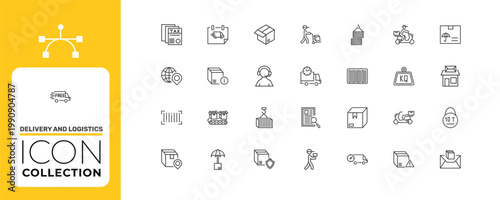 delivery and logistics icon set with delivery man, delivery info, package signs in flat outline style