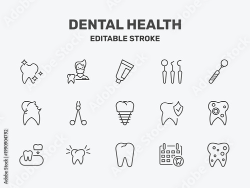 dental health icon set with toothpaste tube, dentist tools, mouth mirror signs in flat outline style