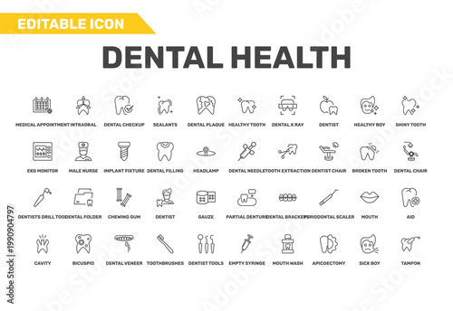 dental health icon set with healthy tooth, ekg monitor, cavity signs in flat outline style