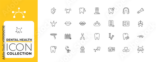 dental health icon set with male nurse, mouth, chewing gum signs in flat outline style