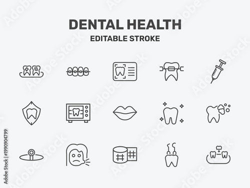 dental health icon set with dental monitor, brackets, empty syringe signs in flat outline style