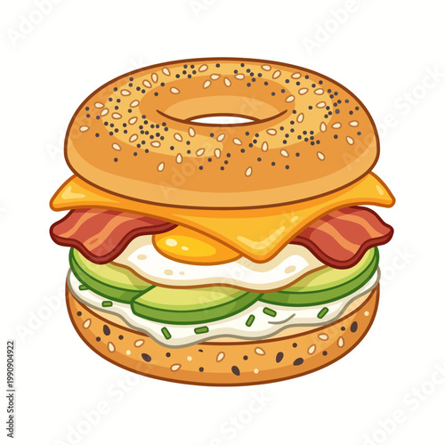 This appetizing bagel sandwich is filled with mouth-watering ingredients including bacon, egg, cheese, and vegetables, perfect for a hearty breakfast.