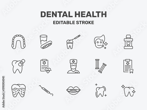 dental health icon set with tooth filling, healthy boy, mouth wash signs in flat outline style