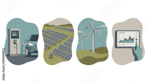 Sustainable energy vector set: EV charging station, solar farm, wind turbines, and smart home monitor.
