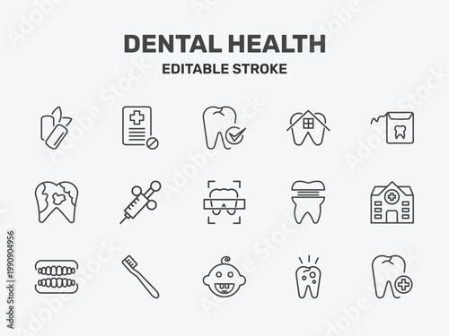 dental health icon set with dental checkup, dental house, floss signs in flat outline style