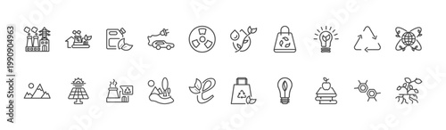 ecology icon set with eco industry, oil drops, and books signs in flat outline style