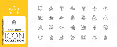 ecology icon set with eco car, eco industry, power plant signs in flat outline style
