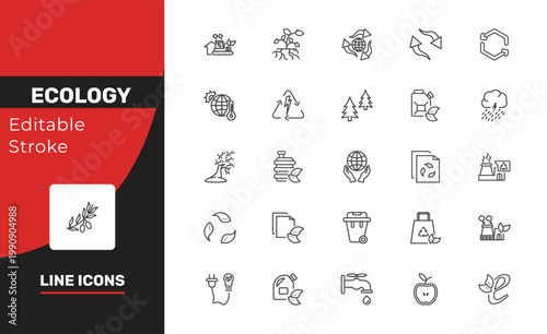 ecology icon set with eco industry, warming, water tap signs in flat outline style